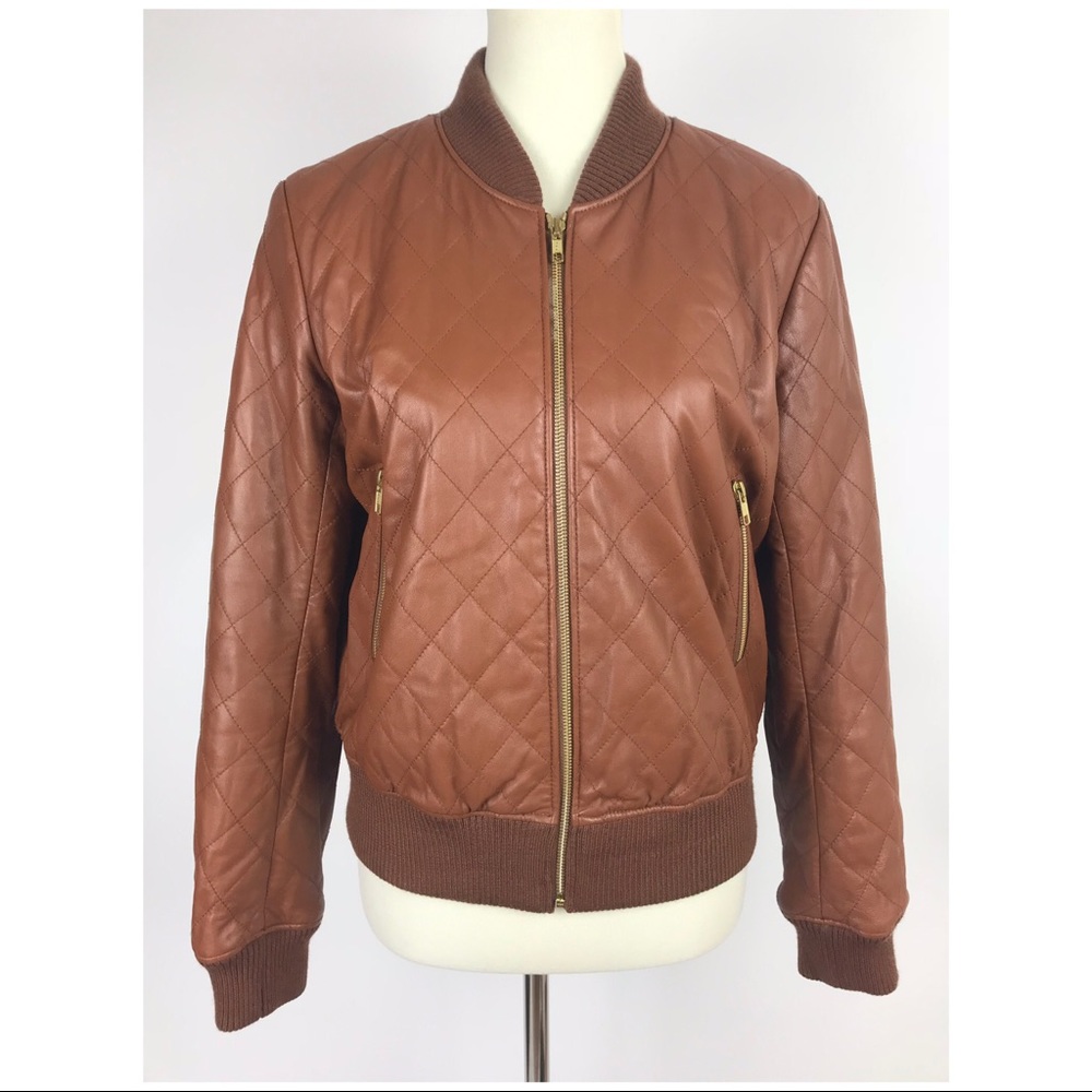 Theory Dex Q Lambskin Leather Cognac Bomber Jacket